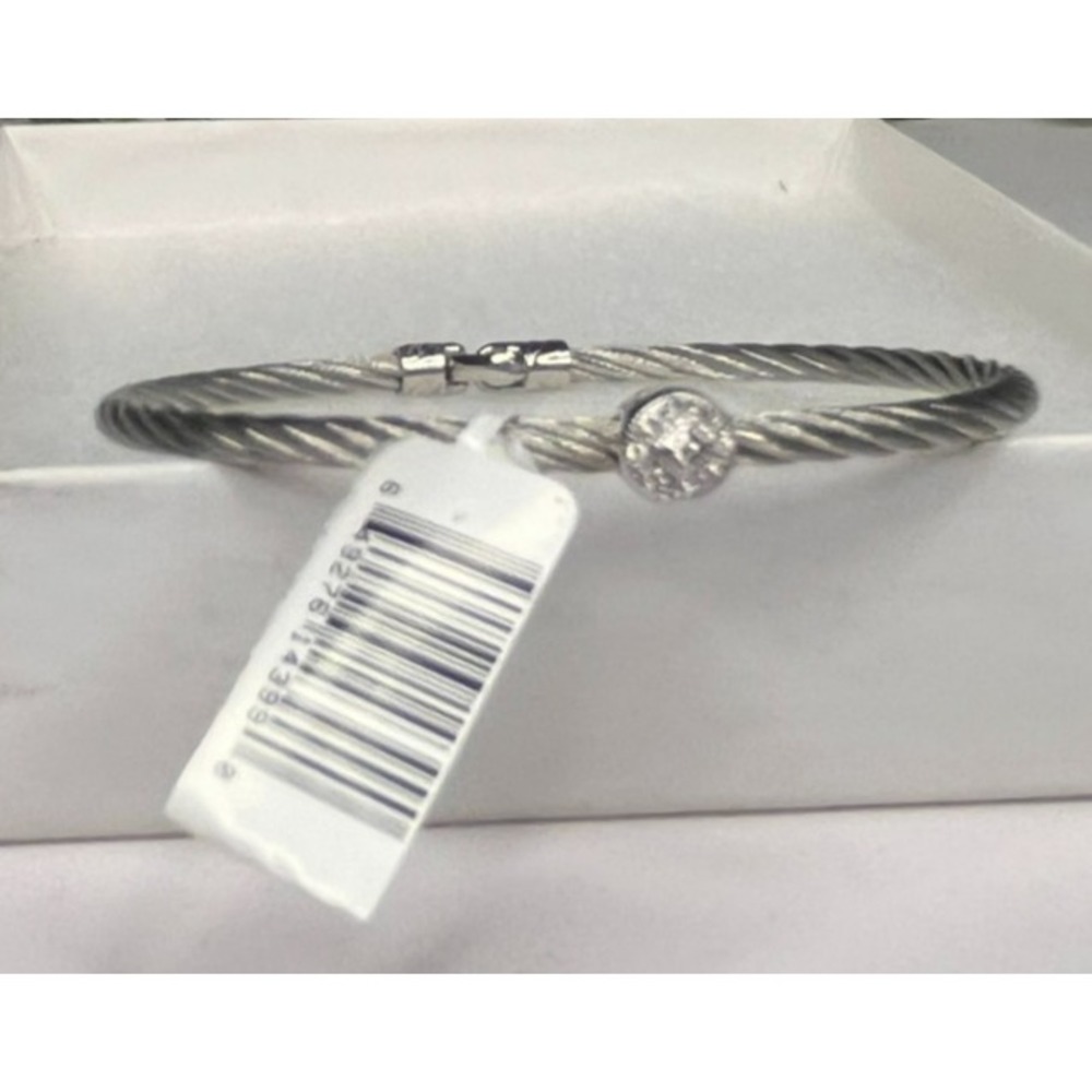 CHARRIOL 18K White Gold 0.05ct Diamond Stainless Steel  Wire Cable Bracelet Sz 7 - Picture 3 of 7
